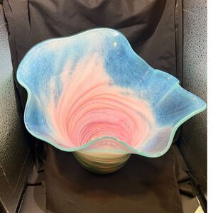Large Hand Blown Art Glass Ruffled Bowl Blue Pink Green Centerpiece